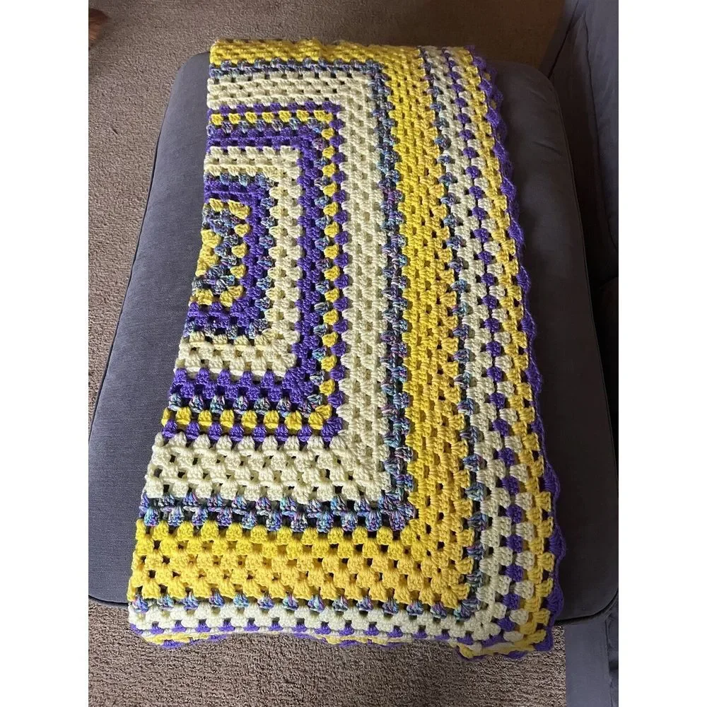 Crochet Afghan Purple Yellow Granny Blanket Cottagecore Lap Throw 48x40 Handmade